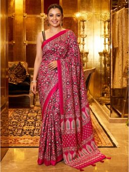 Nyri - Printed Mirrorwork Modal Silk Saree - Pink