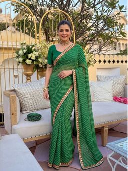 Nyri - Printed Lehriya Georgette Saree - Green