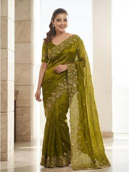 Nyri - Embellished Embroidered Sequinned Tissue Saree - Green