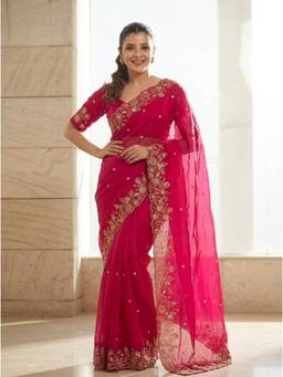 Nyri - Embellished Embroidered Sequinned Tissue Saree - Pink