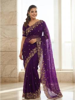 Nyri - Embellished Embroidered Sequinned Tissue Saree - Purple
