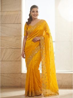 Nyri - Embellished Embroidered Sequinned Satin Saree - Yellow