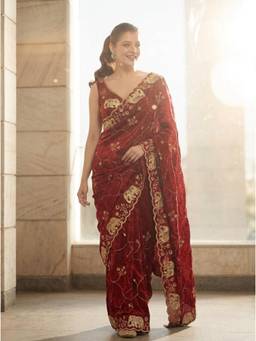Nyri - Embellished Embroidered Sequinned Satin Saree - Maroon
