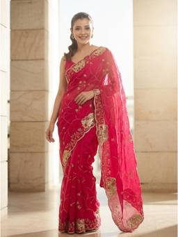 Nyri - Embellished Embroidered Sequinned Satin Saree - Pink