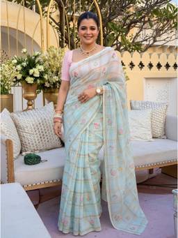 Nyri - Printed Cotton Blend Saree - Blue