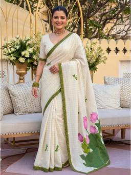 Nyri - Printed Cotton Blend Saree - White