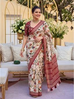 Nyri - Printed Cotton Blend Saree - Off White