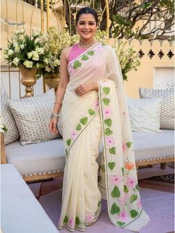 Nyri - Printed Cotton Blend Saree - Off White