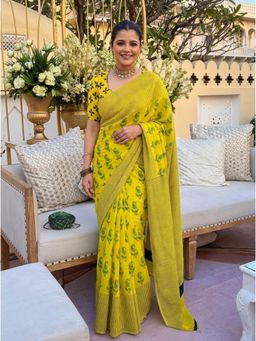Nyri - Printed Cotton Blend Saree - Yellow