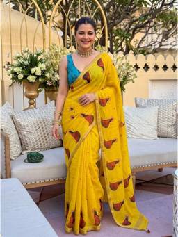 Nyri - Printed Cotton Blend Saree - Yellow
