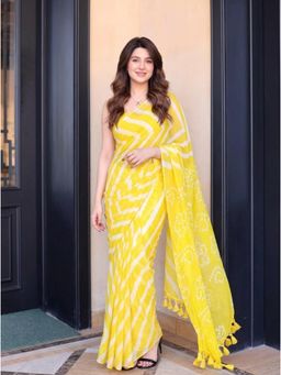 Nyri - Printed Cotton Blend Saree - Yellow