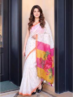 Nyri - Printed Cotton Blend Saree - White