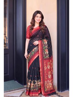 Nyri - Printed Cotton Blend Saree - Black