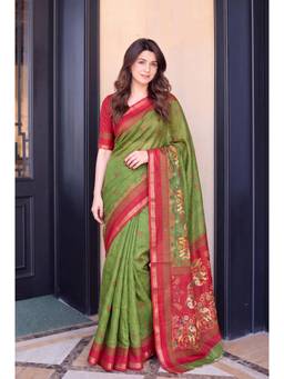 Nyri - Printed Cotton Blend Saree - Green