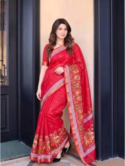 Nyri - Printed Cotton Blend Saree - Red