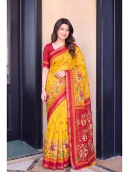 Nyri - Printed Cotton Blend Saree - Yellow