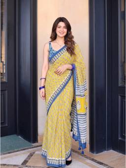 Nyri - Printed Cotton Blend Saree - Yellow