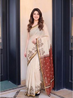 Nyri - Printed Cotton Blend Saree - Beige
