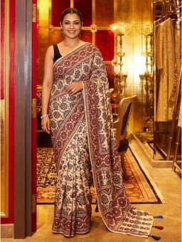 Nyri - Embellished Mirrorwork Modal Silk Saree - Beige