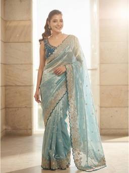 Nyri - Embellished Embroidered Sequinned Satin Saree - Blue