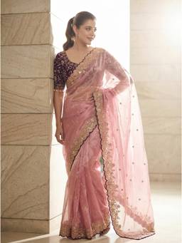 Nyri - Embellished Embroidered Sequinned Satin Saree - Pink