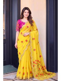Nyri - Embellished Embroidered Sequinned Satin Saree - Yellow