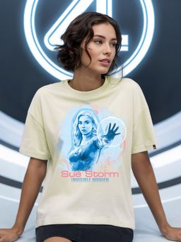 Bewakoof - Official Marvel Women's Beige Sue Storm Graphic Printed Oversized T-shirt