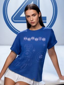 Bewakoof - Official Marvel Women's Blue Herbie The Robot Graphic Printed Boyfriend T-shirt