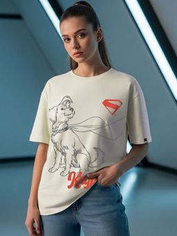 Bewakoof - Official DC Superman Women's Beige Krypto Graphic Printed Oversized T-shirt