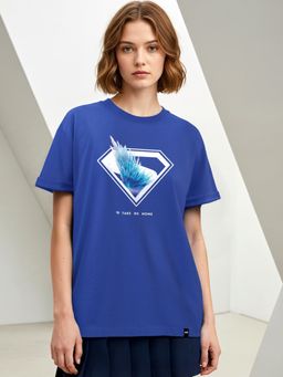 Bewakoof - Official DC Superman Women's Blue Solitude Graphic Printed Boyfriend T-shirt