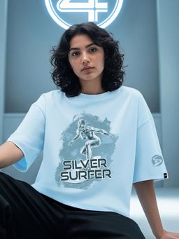 Bewakoof - Official Marvel Women's Sky Blue Silver Surfer Graphic Printed Oversized T-shirt