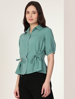 MISH - Solid Green Featuring Gathered Tie-Detail Shirt