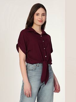 MISH - Solid Wine Featuring Front Tie-Up Detailed Crop Shirt
