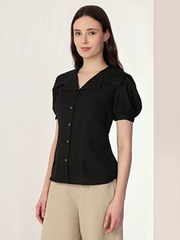 MISH - Solid Black Regular Fit with Short Puff Sleeves Shirt