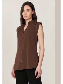 MISH - Brown Mandarin Collar with Cap Sleeves Shirt
