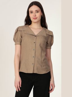 MISH - Solid Dark Beige Regular Fit with Short Puff Sleeves Shirt