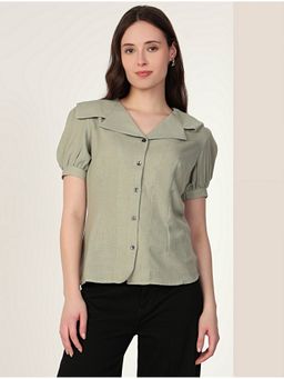 MISH - Solid Sage Green Regular Fit with Short Puff Sleeves Shirt