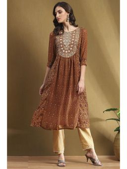 Biba - Womens Brown Georgette Straight Kurta