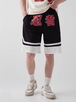 Bewakoof - Men's Black & White Akatsuki Typography Oversized Varsity Shorts