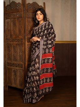 Unnati Silks - Black Pure Bagru Mulmul Cotton Saree with Unstitched Blouse