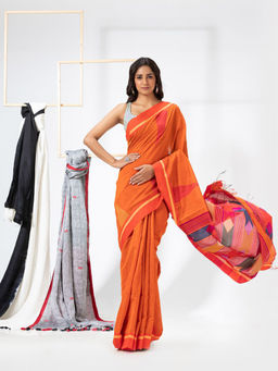 Angoshobha - Orange Cotton Blended Festive Jamdani Saree with Unstitched Blouse