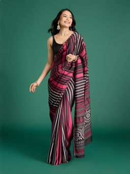 Gajra Gang - Desert Rani Fuchsia Stripes Pre Draped Satin Saree with Unstitched Blouse