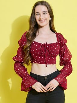 ANVI Be Yourself - Maroon & White Polka Printed Crop Top