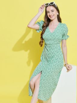 ANVI Be Yourself - Womens Green Floral Print Short Puff Sleeve Crepe Dress