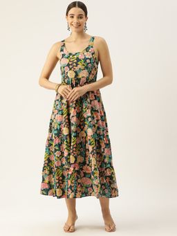 Jaipur Morni - Shoulder Strapped Floral Printed Fit and Flared Pure Cotton Midi Dress