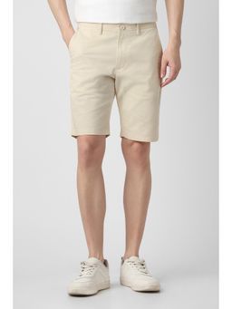 Peter England - Men Cream Cotton Blend Mid Waist Shorts