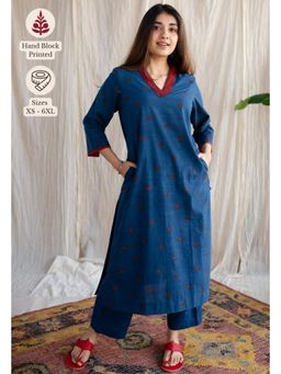 The Indian Ethnic Co. - Blue Straight Ajrakh Printed Cotton Kurta With V Neck