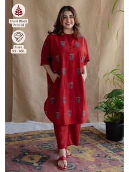 The Indian Ethnic Co. - Red Straight Printed Cotton Kurta With Mandarin Neck
