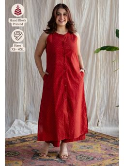 The Indian Ethnic Co. - Red Straight Printed Cotton Kurta With Mandarin Collar & Sleeveless