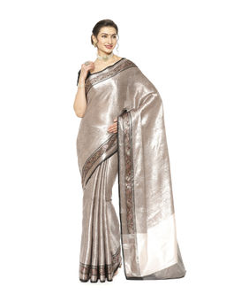 Banarasi Silk Works - Silver Kanchi Silk Zari Jamawar Border Saree with Unstitched Blouse